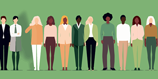 diversity and inclusion in the workplace, equal number of men and women, all skin colors, vector, flat, happy, corporate, office, collage, colorful, green colors