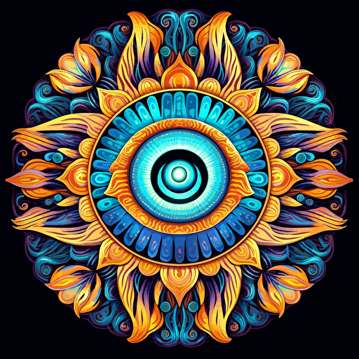 2d mandala made with eyes and hands, alex grey, uv colors, vector style, detailed