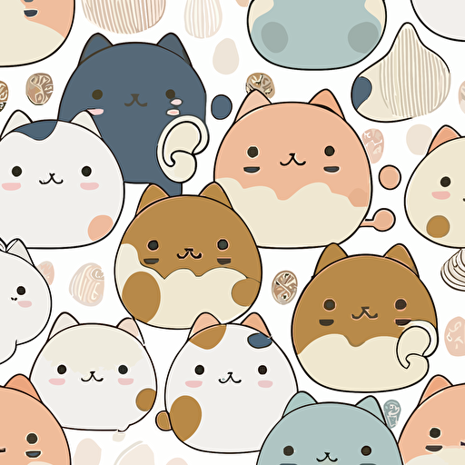 cute and quirky cat pattern inspired by Japanese kawaii culture. Think pastel colors, chubby cheeks, and big eyes, vector, contour, white background, v