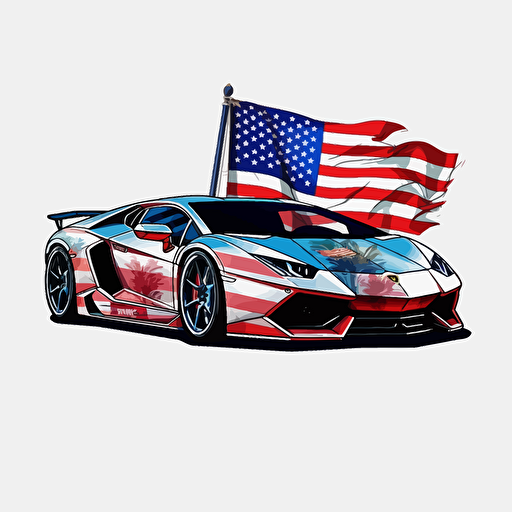 usa flag lambo, detailed, cartoon style, 2d clipart vector, creative and imaginative, floral, hd, white background