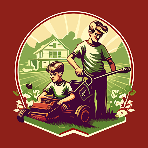 a vector art logo for landscape of 2 teenage boys mowing lawn and taking care of it