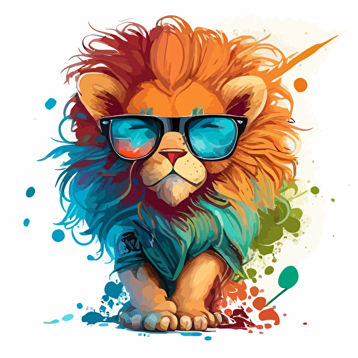 a very cute baby lion big mane wearing sunglasses, as a cartoon type, as a vector, white background, bright graffiti colors