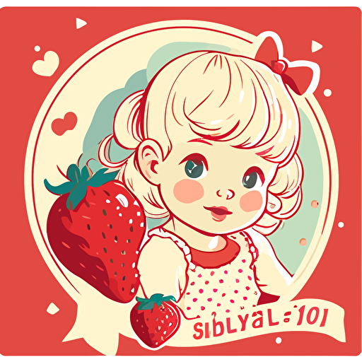 vector art illustration for an invitation to a first birthday party, strawberry theme, a girl with short, beige hair, DeepSkyBlue eyes, happy mood, cute style, Light_Red, white background