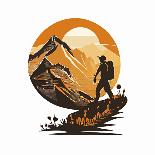 A person hiking in a mountain in the nature , futuristic, ronded vector logo, white background, use only 2 colors, style luxury brand