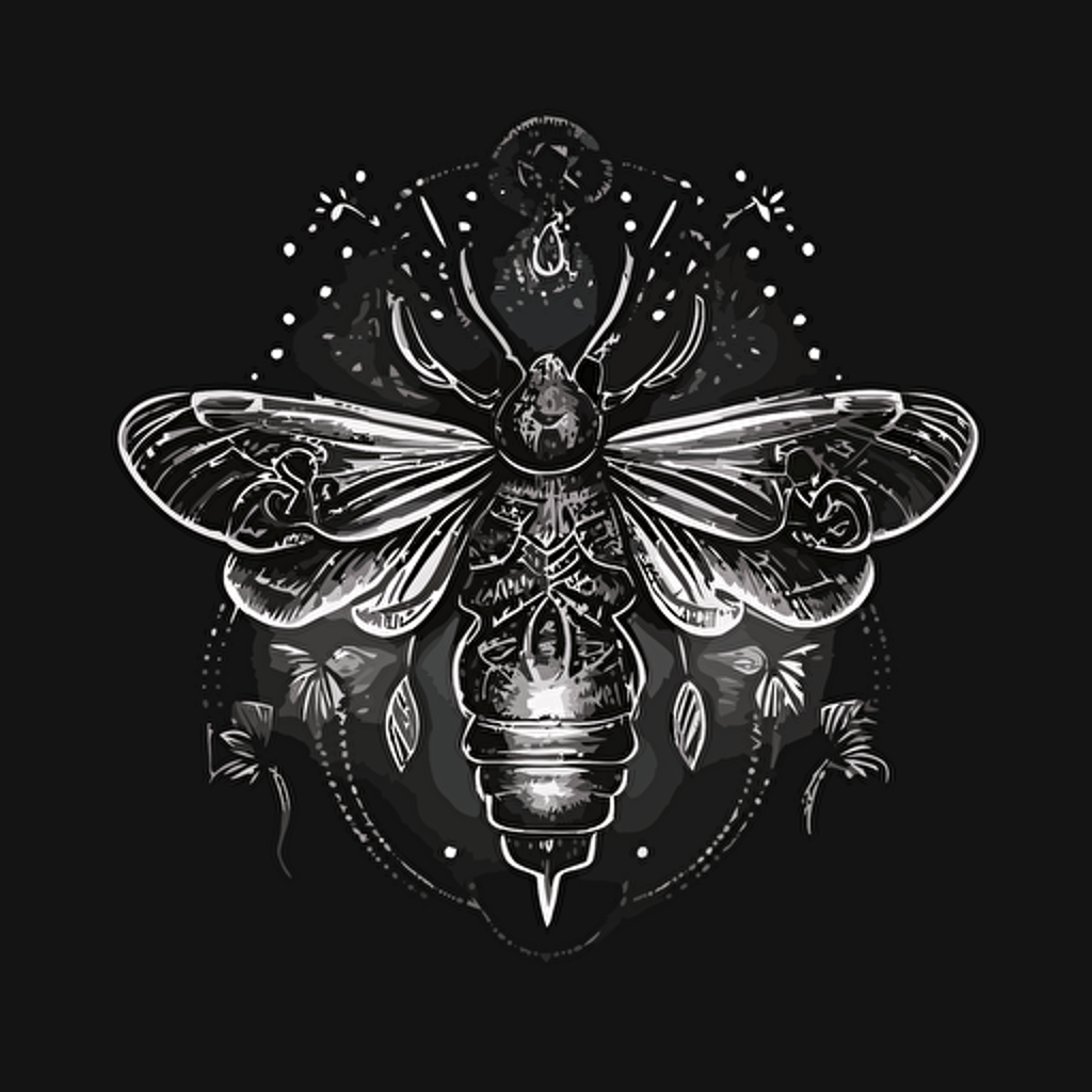 firefly, lightning bug, paisley wings, anatomical drawing, vector, black and white, logo, simple