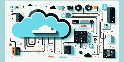 vector minimalistic illustration, very simple, one cloud in the center, one electronic board on bottom left, IoT, all connected, white background, light blue and black components,