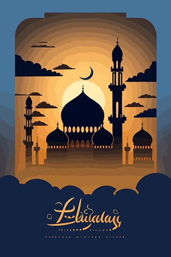 flat vector design, happy eid mubarak, mosque, sunset, layers of clouds, blue and gold