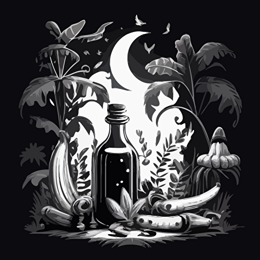 Black and WHite vector illustration of bananas and a magical potion. day time