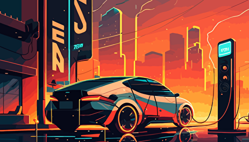 electric car charging in futuristic city , warm collors, illustration,vector,