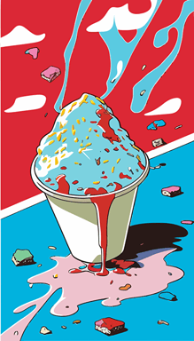 a panel from a Shōnen manga depicting ice cream sprawled on the ground, ice cream in polycarbonate cup, melted ice cream, mess, suburban scene, pop color, flat vector art, bright colors, high resolution