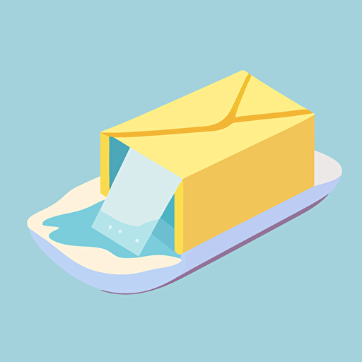 A white mail envelope encased within a block of ice. This block of ice is resting on a table and melting very slightly. flat style illustration for business ideas, flat design vector, industrial, light color pallet using a limited color pallet, high resolution, engineering/ construction and design, colored cartoon style, light indigo and light gold, cad( computer aided design) , white background