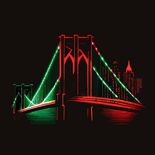 brooklyn bridge in red and green neon style on black background, vector illustrated logo, flat design, simple