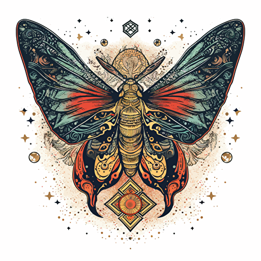 a beautiful moth with a surrounding star design in detailed drawing style + simple vector + bright colors on a white background