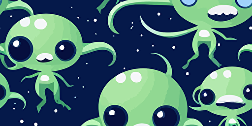small green cartoon aliens vector style, on a navy blue background with stars