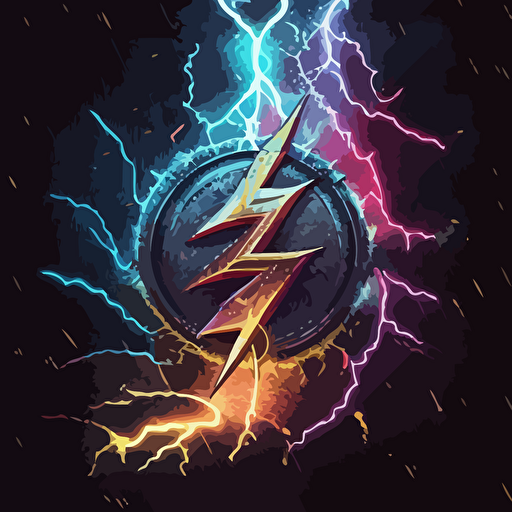 A_coin_emblem_logo_for_a_Old Mage with a staff in an action pose:: Lightning in the background, code style, color, vector