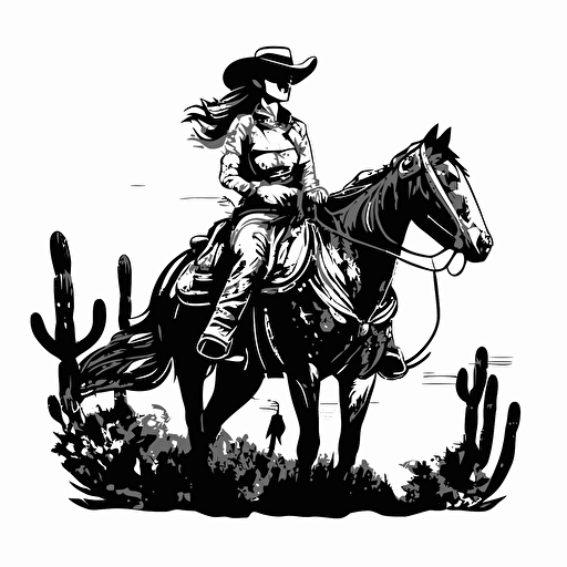 simple 2d vector illustration for a monochromatic, hand drawn, cowgirl on horseback, black outline, transparent background, simple