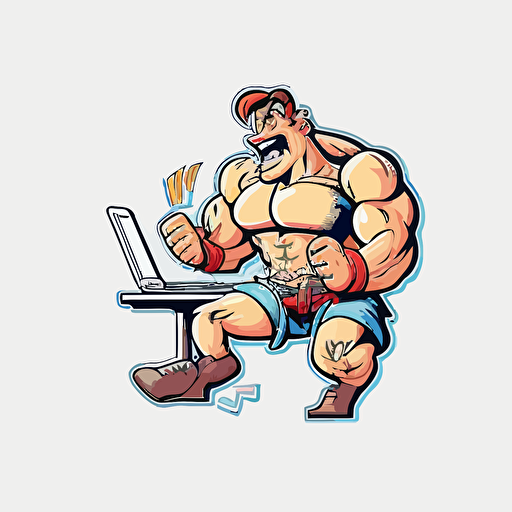 a muscular man playing video games, Sticker, Happy, Adorable, Primary Color, Cartoon, Contour, Vector, White Background, Detailed,
