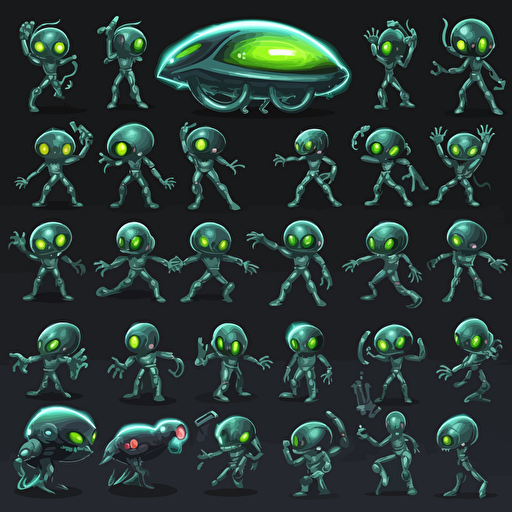 24 action poses for a video game sprite sheet, no background, brand new aliens by DJ SHADOWMIND, vector art,