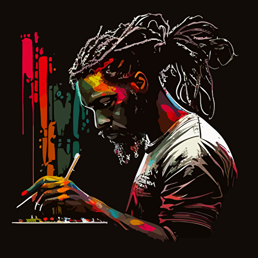 vector, Pen & ink, vibrant concept art, black male, long dreadlocks, mustach, goatee, holding a paintbrush working painting, black background