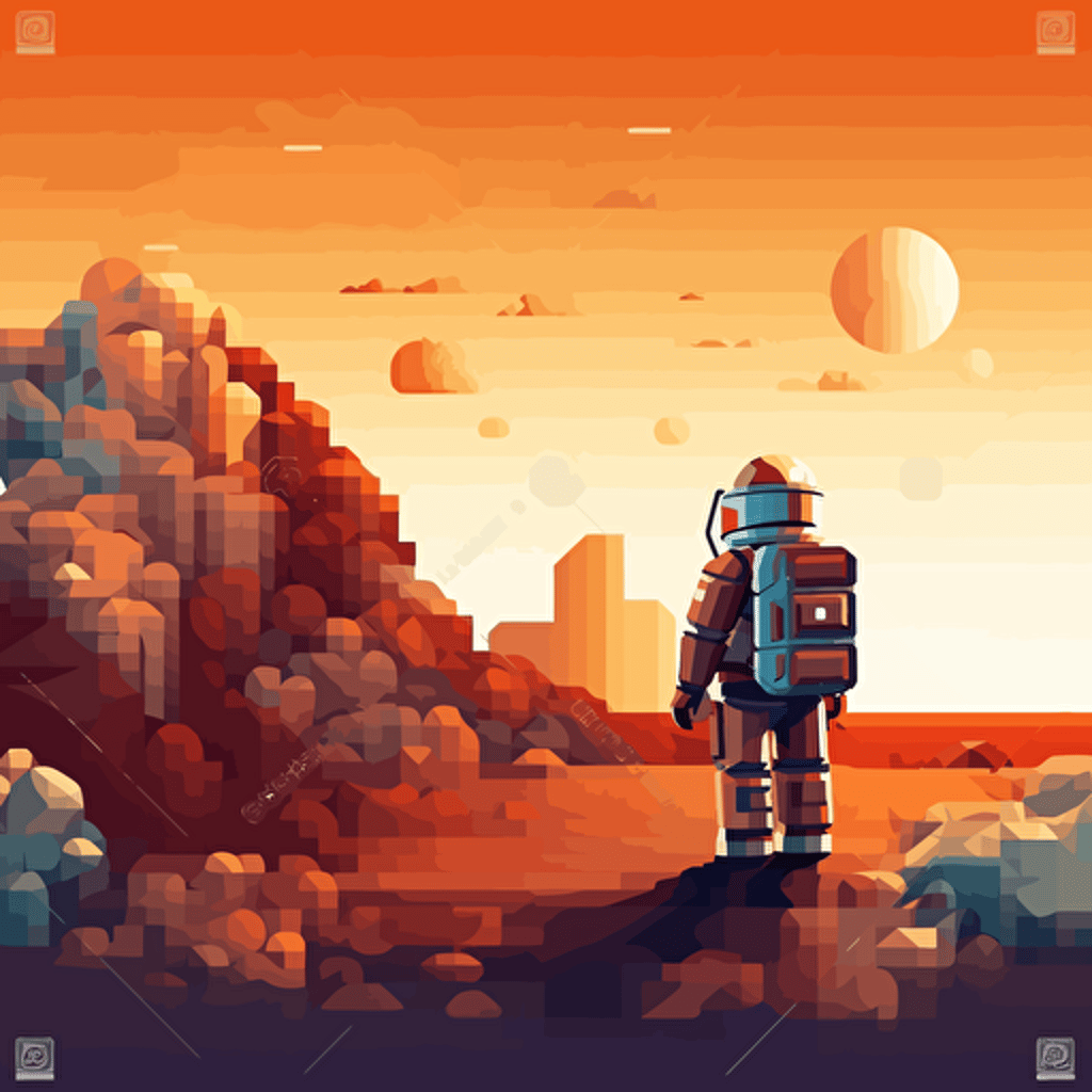 astronaut exploring a landscape made of lego bricks, vector quality, warm colors