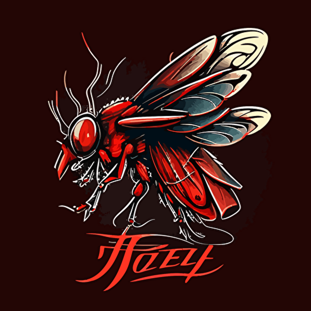 vector art logo of housefly with legs holding stick. Red palette