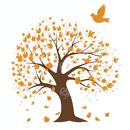 simple vector illustration of a dove flying in front of a maple tree on a white background