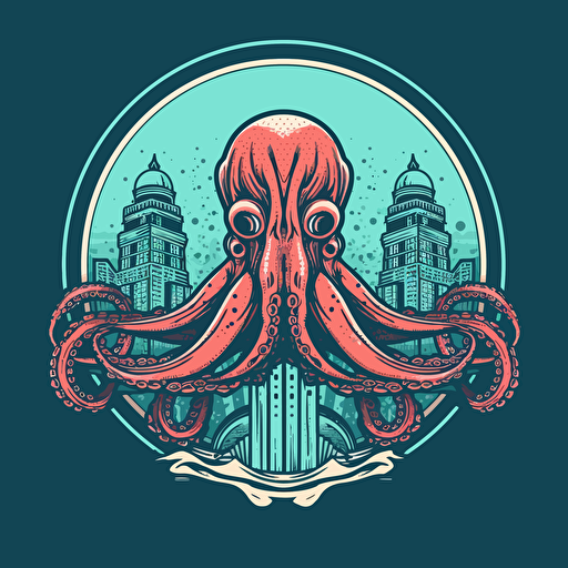 art deco logo style vector image of an angry octopus in animation style, the octopus is swimming with tentacle grabbing
