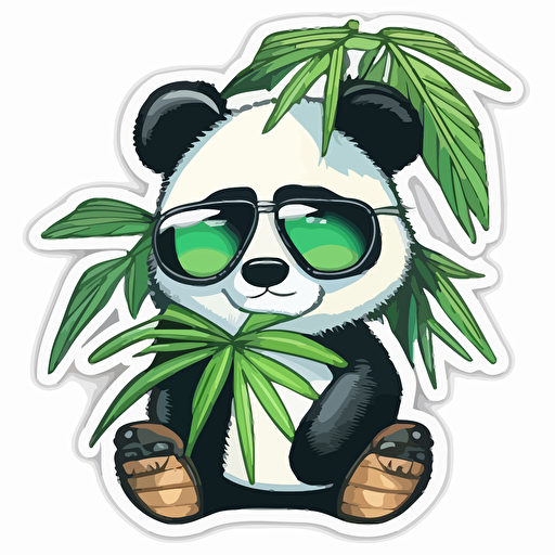 sticker, Panda with bamboo in his mouth, with sunglasses, kawaii, contour, vector, white background