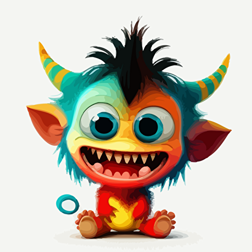 A saturated colorfull baby fur demon, goofy looking, smiling, white background, vector art , pixar style