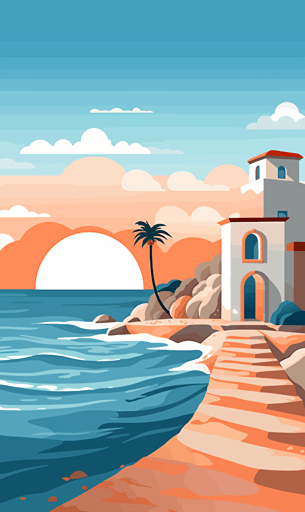 greek building on the beach, sea, ocean, sky, blue and orange, simple vector art style