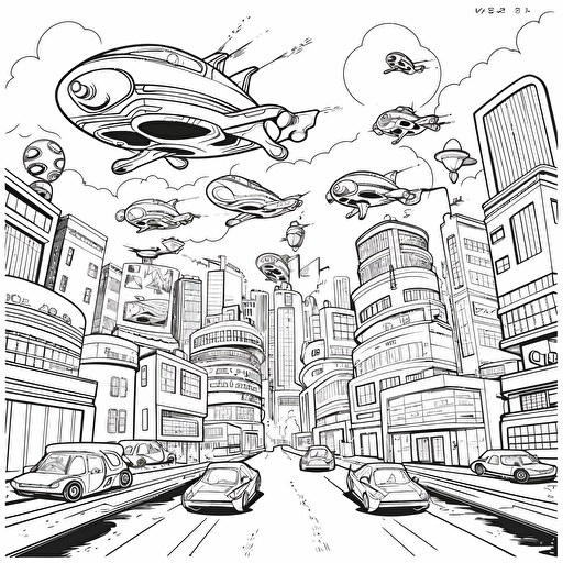 Futuristic City. Many Flying Cars. No Shadow. Cartoon. Coloring page. Vector. Simple.