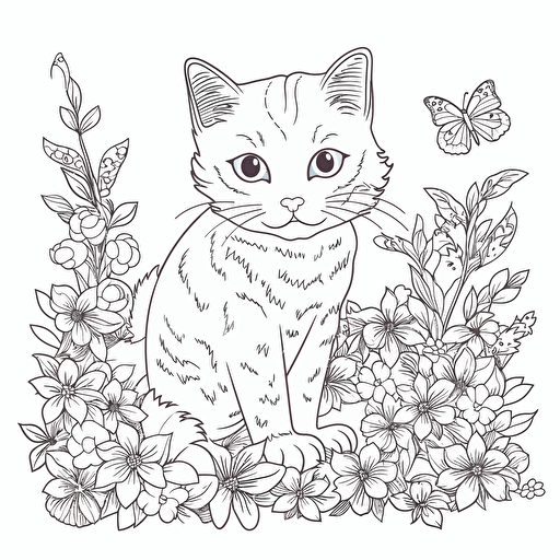 vector image for a coloring page of a cat playing with flowers