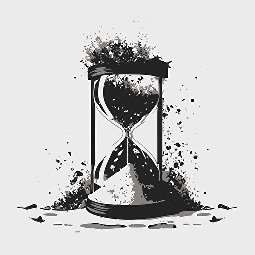 sketch of sand clock exploding in thousand of pieces, simplistic, black and white, flat, vector