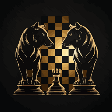 Bear and bull as chess pieces in a 4 squares chess board, vector, minimalist, black and gold logo for a wall street finance company.