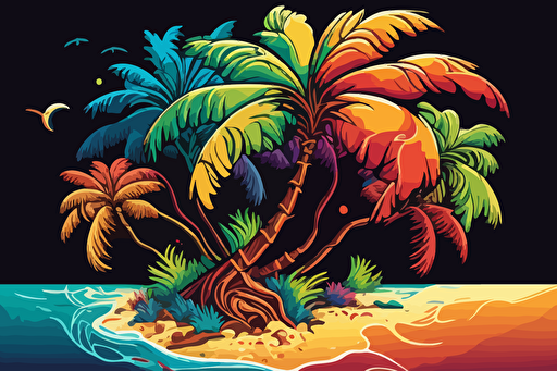 vector, tropical coconut tree beach, vivid colors, detailed, design, pixar, colorful