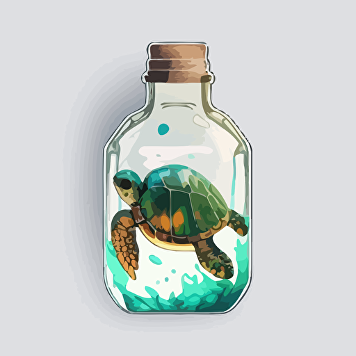 sticker, a turtle in a bottle, colorful, vector, white background s 1000
