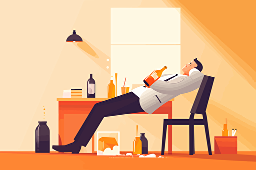 Person in an office passed out drunk in their chair, empty bottle of alcohol, flat style illustration for business ideas, flat design vector, industrial, light and magical, high resolution, entrepreneur, colored cartoon style, light orange and dark orange, cad( computer aided design) , white background
