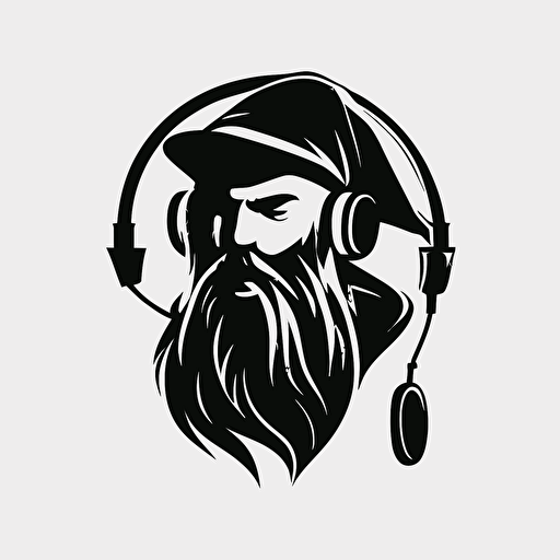 minimalistic iconic logo of jolly wizard wearing headphones, black vector, on white background