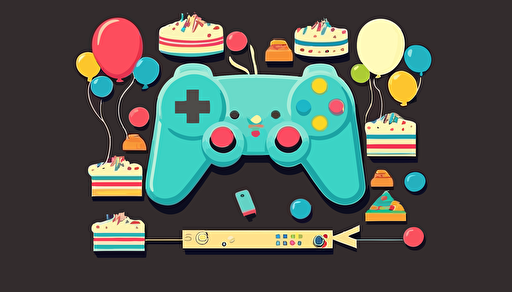 balloons, birthday cake, party and gaming stuff like mouse, keyboard, gaming controller, vector gaphics, flat background