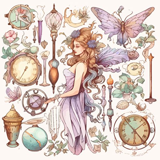 a collection of magical items, vector, clipart, white background, pastel shades, atmospheric, Alphonse Mucha style, artistic