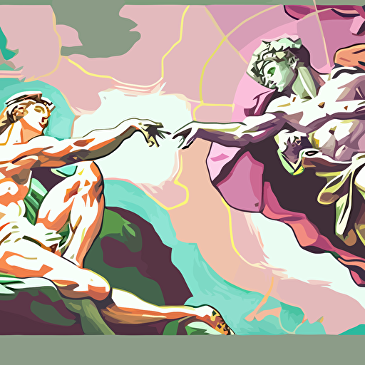 "The Creation of Adam" painting from Michelangelo, but in evangelion anime, style, pastel colors, vector, wide view
