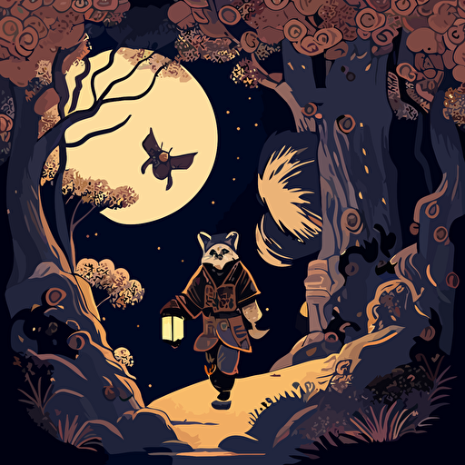Drawing from the Japanese folklore of Tanuki, design a vector illustration of Satoshi Nakamoto encountering a mischievous Tanuki while strolling through a mystical forest. Set the scene under a magical moonlit sky.