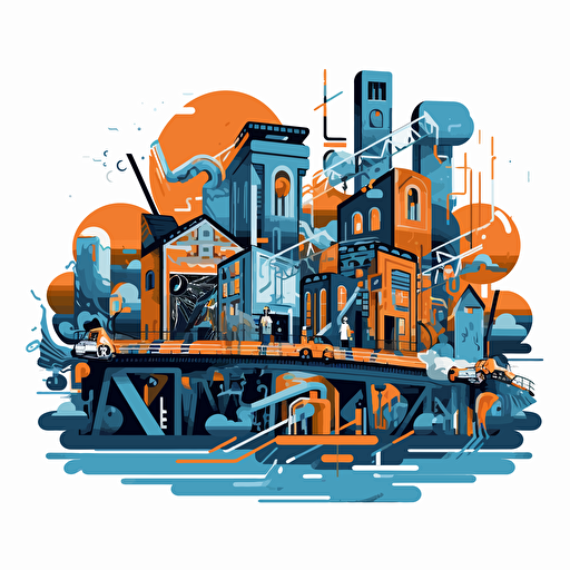 a vector image of a community building a bridge, blue and orange and dark gray, graffiti style