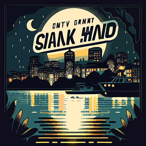 vector image, illustration, nighttime lake in Oakland California , in the style of text and emoji installations, the san francisco renaissance., stockphoto, iconic civil rights imagery, spot metering, glowing lights, vancouver school