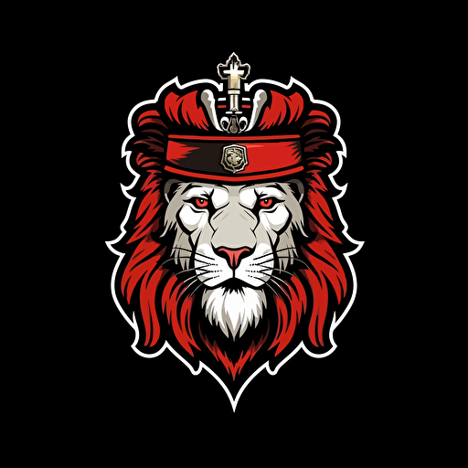 elegant commander soldier lion wearing a crown, vector logo, minimalist, gaming logo, color pallete red black and white