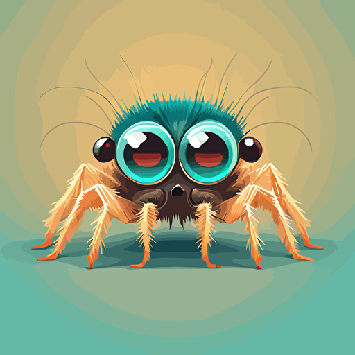 an illustration of an adorable jumping spider with bright teeth, flat vector style limited to 10 colors, giant eyes and eyelashes in a minimal style