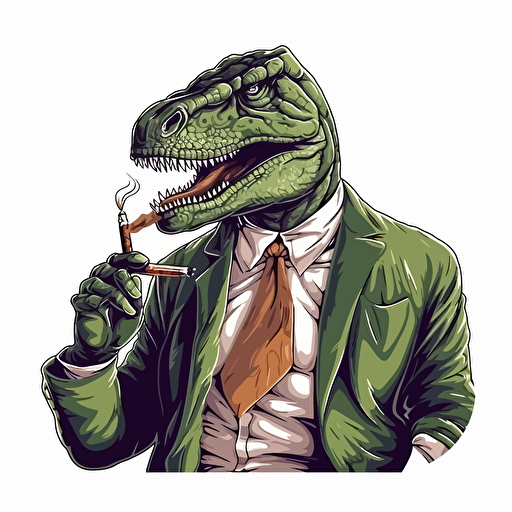 T-rex smoking a cigar wearing a business suit, big colour design, on blank white background, vector art, 2d
