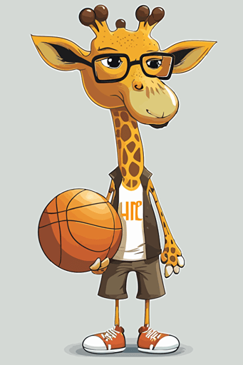 giraffe with basketball clothes, holding a basketball, vector art,