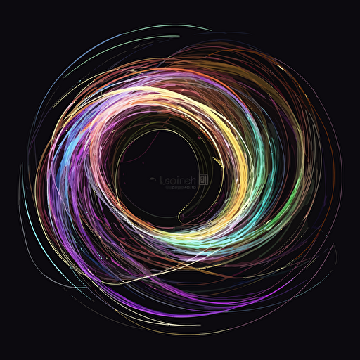 earth on black background, 2d vector, spiral light trails, purple, yellow, white, orange, green and pastel colors