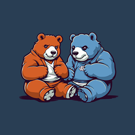 Two Bears jiu jitsu on the ground, vector animation illustration, 4 colors limit, solid background, high resolution